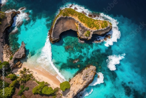 Coast as a background from top view. a backdrop of turquoise ocean seen from above. aerial view of the sea in summer. Indonesian island of Nusa Penida. picture of travel. Generative AI