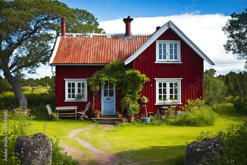 An old-fashioned red wooden home in the summer on the Swedish island of Oland. The home has a nice, bright garden all around it. Generative AI photo