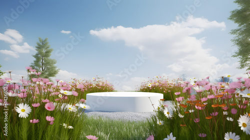 White podium in field of flowers for product presentation behind is a view of the sky.