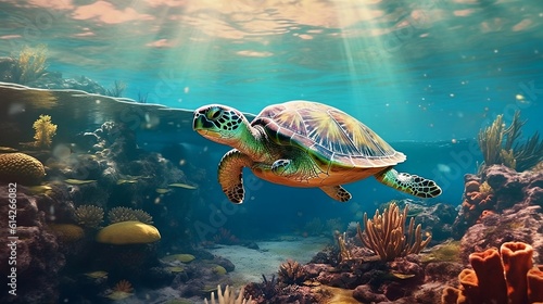 tortoise swimming in water, tortoise in ocean.  Generative AI © Fahad