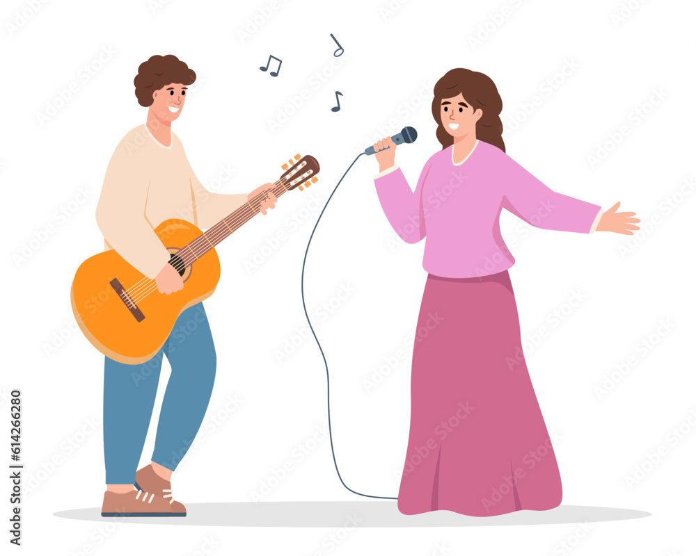 Young man musician playing guitar and Woman with Microphone Singing. Music profession or art creative hobby, Song at Karaoke Bar or Night Club concept. Vector cartoon or flat character illustration. Young man musician playing guitar and Woman with Microphone Singing. Music profession or art creative hobby, Song at Karaoke Bar or Night Club concept. Vector cartoon or flat character illustration.