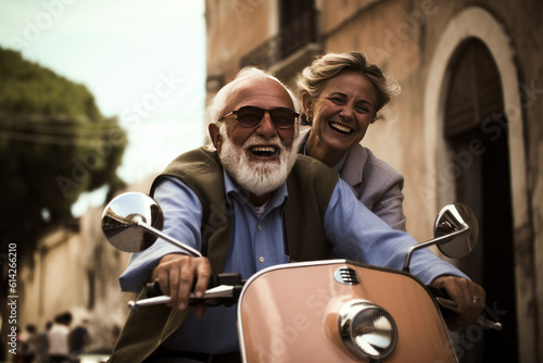 Happy seniors on holidays retired. Couple on scooter in Italy, Europe. Generative AI. Copyspace
