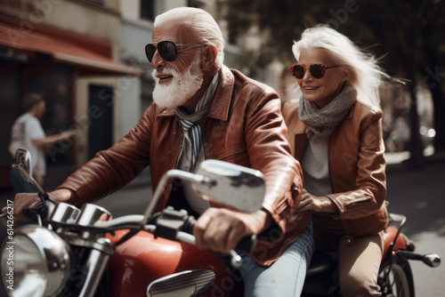 Happy seniors on holidays retired. Couple on scooter in  Europe. Generative AI. Copyspace