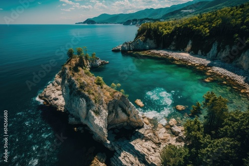 Beautiful view of the Black Sea shore. The Kiselev Rock, Tuapse Russia. Aerial view of rocks, nature, the sea, and water. Generative AI
