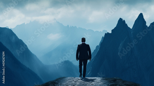 Landscape with businessman walking to mountain - concept of sucess. Created with Generative AI