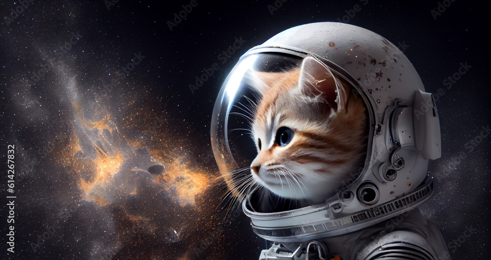 Naklejka premium kitten dressed as an astronaut on the background of the starry sky. Created with Generative AI