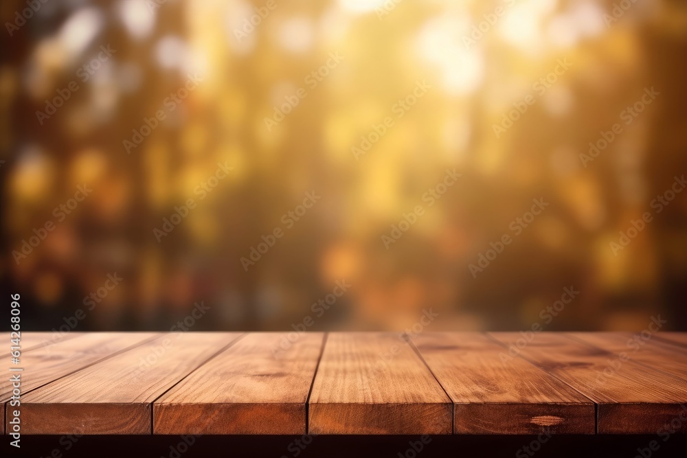 Empty wooden tabletop with a beautifully blurred background, creating a serene and minimalist setting. Generative AI Empty wooden tabletop with a beautifully blurred background, creating a serene and minimalist setting. Generative AI
