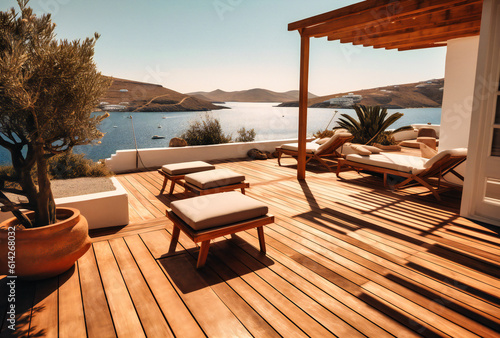 a view from the wooden deck of a hotel in greece © Nilima