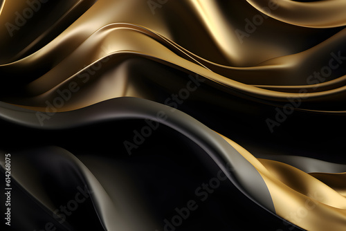 Abstract Background with 3D Wave Elegant Gold and Black Gradient Silk Fabric Generative AI