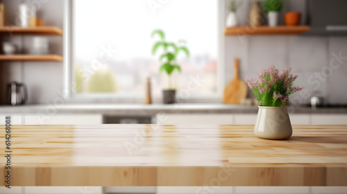 Wooden table top on blur kitchen room background Modern kitchen room interior.