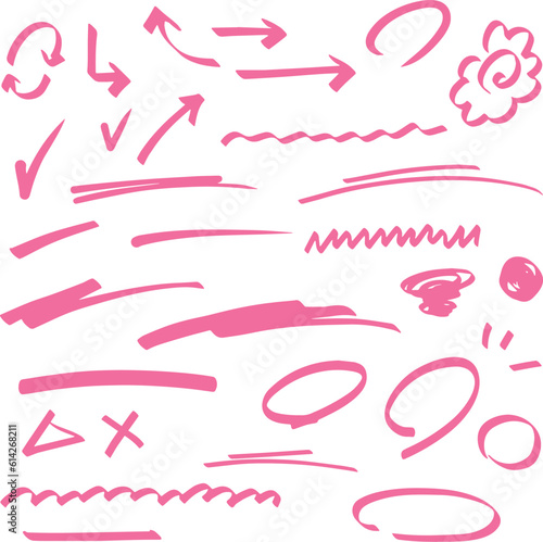 マジックやペンで書かれた手書き風の蛍光線セット ピンク