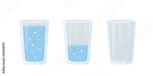 Glasses for drinks. Glass full of water, half filled and empty glass. Vector illustration isolated on white background.