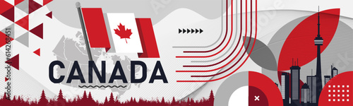 Canada national day banner design. Canadian flag theme corporate graphic art web cover background. Abstract celebration pattern, red white color. Canada flag triangles geometric vector illustration.