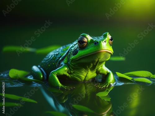 bright green bull frog sitting in a pond. ai generative