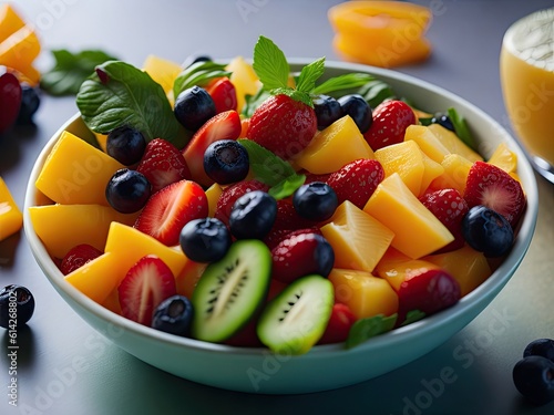 Fruit salad in bowl top view light background. ai generative