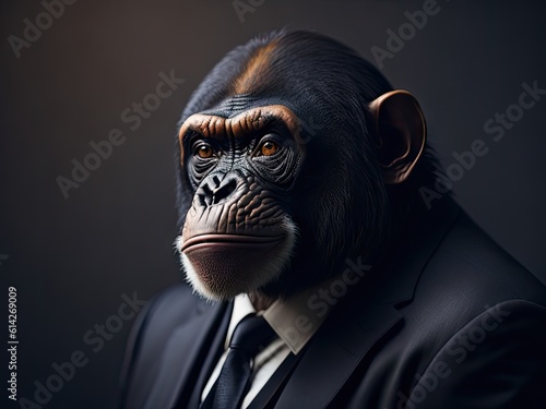 Portrait of a chimpanzee dressed in an elegant business suit. ai generative