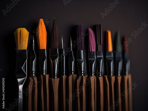 Row of artist paintbrushes closeup on black background. ai generative