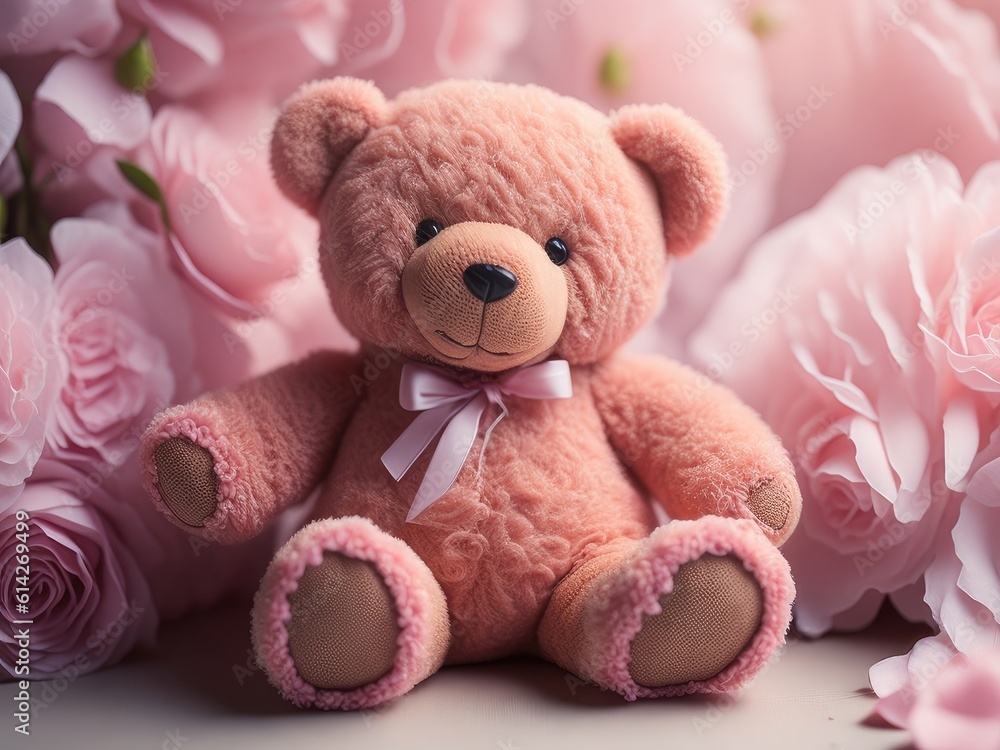 Teddy bear with roses on pink background. ai generative Teddy bear with roses on pink background. ai generative
