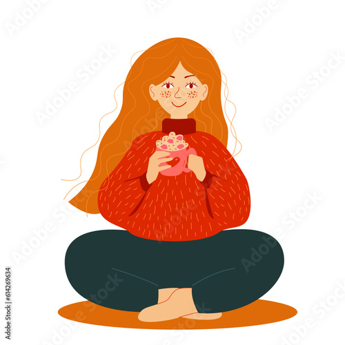 Girl with coffee with marshmallow. Concept design. Beautiful autumn nature with Flat young woman