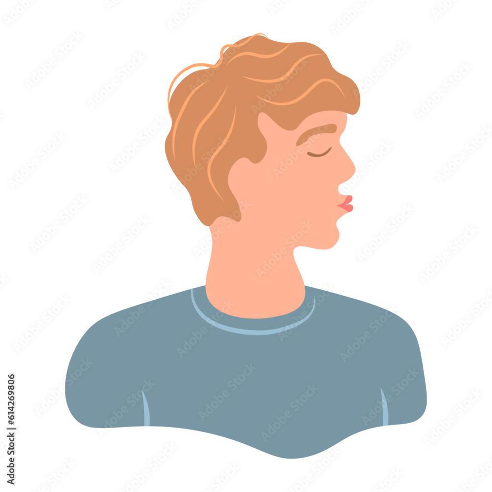 Kissing portrait of male young human head with blond short hair for man student avatar 
