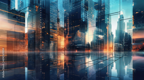 Abstract cityscape with glass windows and reflections, generative AI