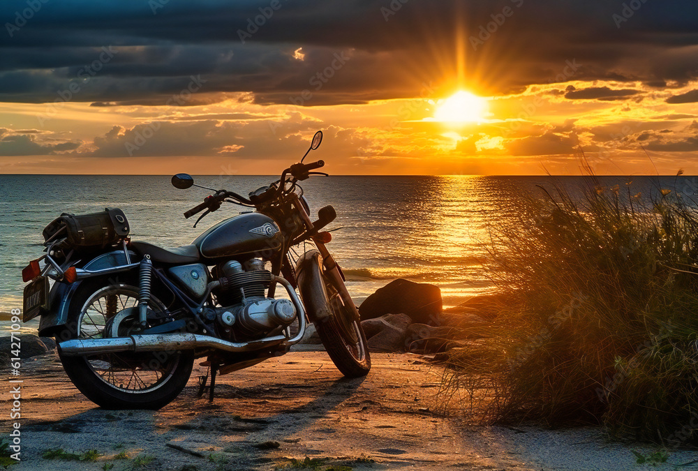 a motor cycle parked near the shore of a body of water