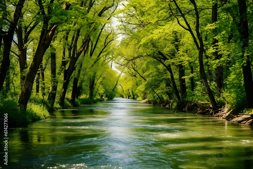 A green-colored river during the spring season  with green and brown trees lining its banks