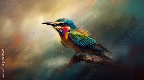 A paint of a colorful bird sitting on a tree branch ai, ai generative, illustration © ME_Photography