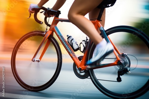 The excitement and adrenaline of a young woman cyclist in action with a close - up shot of her legs pedaling. Generative AI