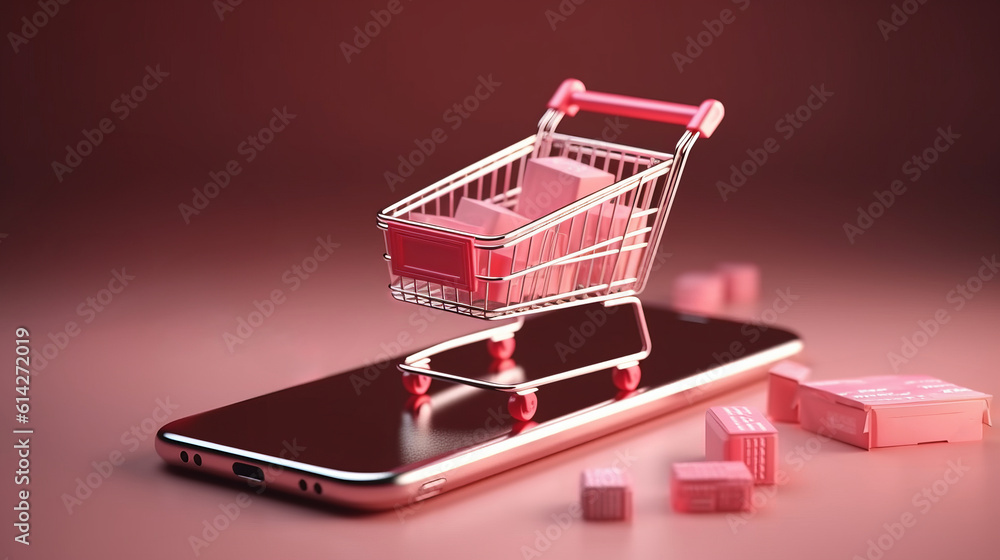 Online shopping. E-commerce concept: 3d generated smartphone with online shop on the screen. Created with Generative AI technology.