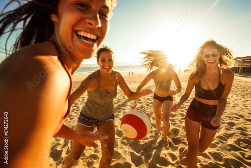 A group of friends playing a friendly game of beach volleyball. Generative AI