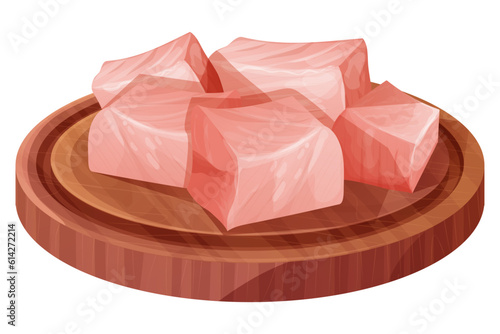 Chicken pieces, cubes raw meat, chopped slices on wooden bord in cartoon style isolated on white background. Uncooked ingredient. 