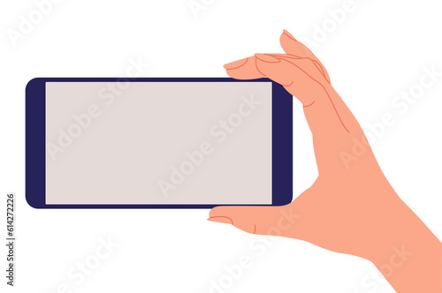 Hand holds smartphone. Hand with smartphone