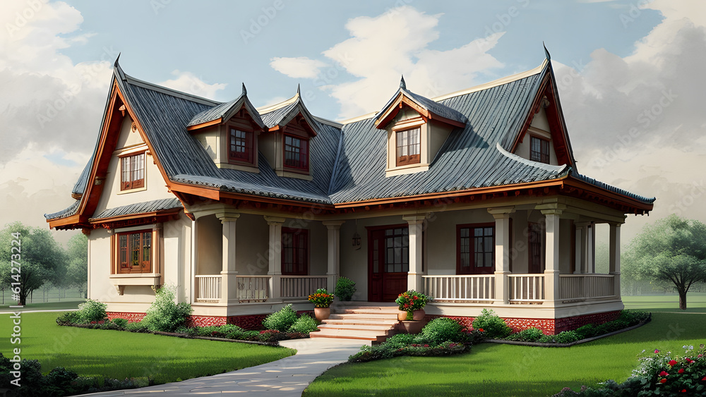 Modern house exterior display in realistic environment. House 3D. Fantasy House. Mock-up House