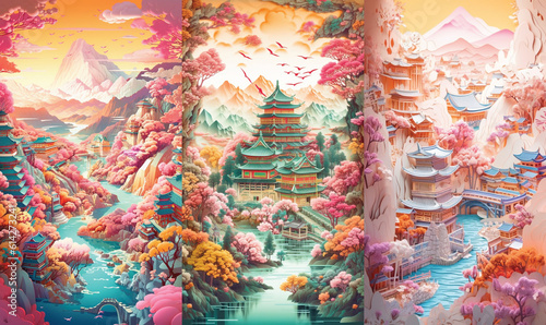 Japanese Paper Landscape Art Depicting Japanese Temple and Gardens (Bundle of 3 vertical) © Luke