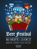 oktoberfest poster with market stall, pennants, beer mugs, pretzel and accordion. german beer festival flyer