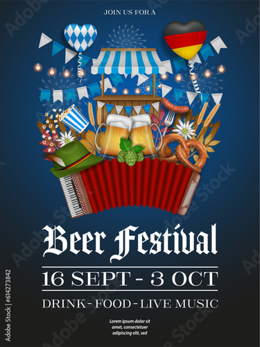 oktoberfest poster with market stall, pennants, beer mugs, pretzel and accordion. german beer festival flyer