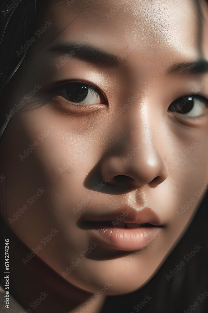 Aesthetic modern portrait of an Asian woman, close-up, picturesque natural light. Ai generative art Aesthetic modern portrait of an Asian woman, close-up, picturesque natural light. Ai generative art