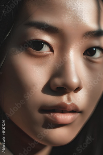 Aesthetic modern portrait of an Asian woman, close-up, picturesque natural light. Ai generative art