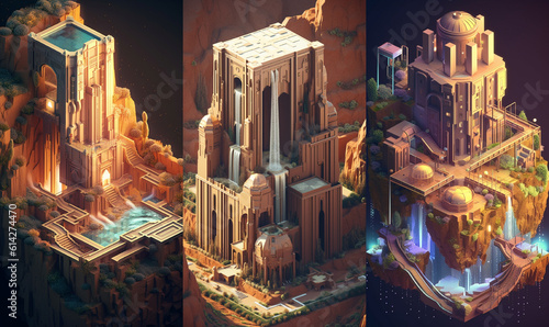 Bundle of 3: 3D game design isometric islands concept render art in light colors and pastel gradients in a minimalist and modern style