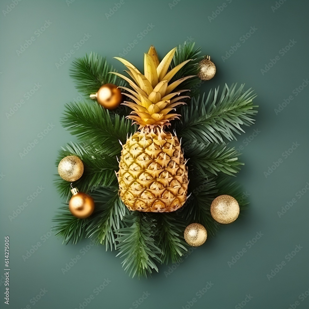 Fototapeta premium Christmas tree made of pineapple leaves and christmas decoration. Holiday concept.