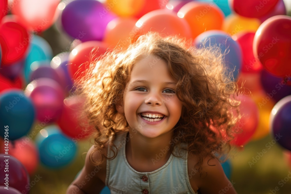 The joy and excitement of a child girl playing in a field of colorful balloons in a close - up shot. Generative AI The joy and excitement of a child girl playing in a field of colorful balloons in a close - up shot. Generative AI