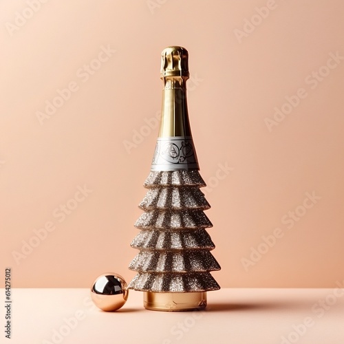 Champagne bottle Christmas tree concept. New Year party idea. Minimal holiday background.