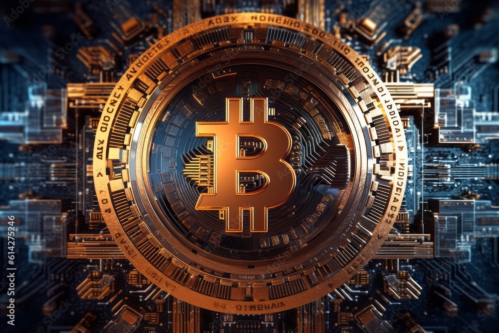 A circuit board with a prominent bitcoin symbol in the center, indicative of cryptocurrency technology. The bitcoin symbol is surrounded by various electronic components. Generative Ai A circuit board with a prominent bitcoin symbol in the center, indicative of cryptocurrency technology. The bitcoin symbol is surrounded by various electronic components. Generative Ai