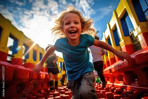 The joy and excitement of children playing at a colorful playground with a low - angle shot. Generative AI