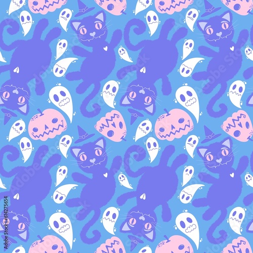 Halloween cartoon black cats seamless animals fluffy monsters pattern for wrapping paper and fabrics and linens © Tetiana