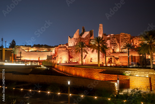 Diriyah old town walls illuminated at night, Riyadh, Saudi Arabia photo