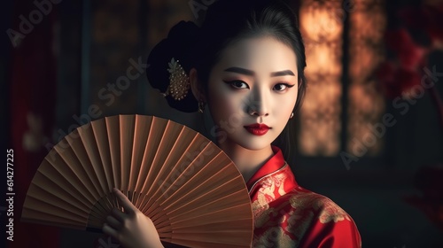 A beautiful Asian woman wearing traditional Chinese dress and holding a fan in an ancient asian house photo