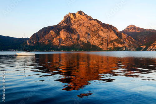 Panoramic view of Traunstein at Traunsee lake during sunset, landscape photo of lake and mountains near Gmunden, Austria, Europe  © Rechitan Sorin