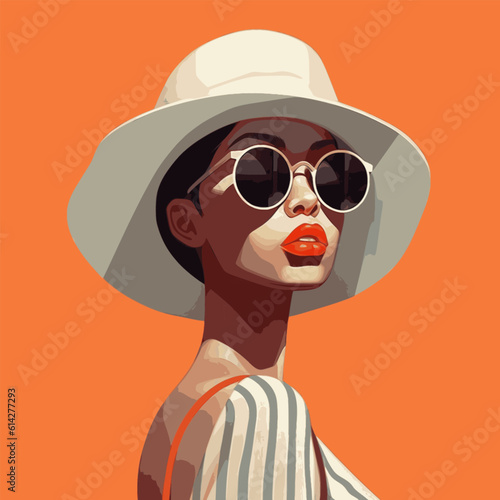 Fashion portrait of a model girl in sunglasses. Poster or flyer in trendy retro colors. Vector illustration